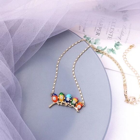 Enamel Bird Flock Crystal Gold Pendant Necklace - Picture 3 of 6